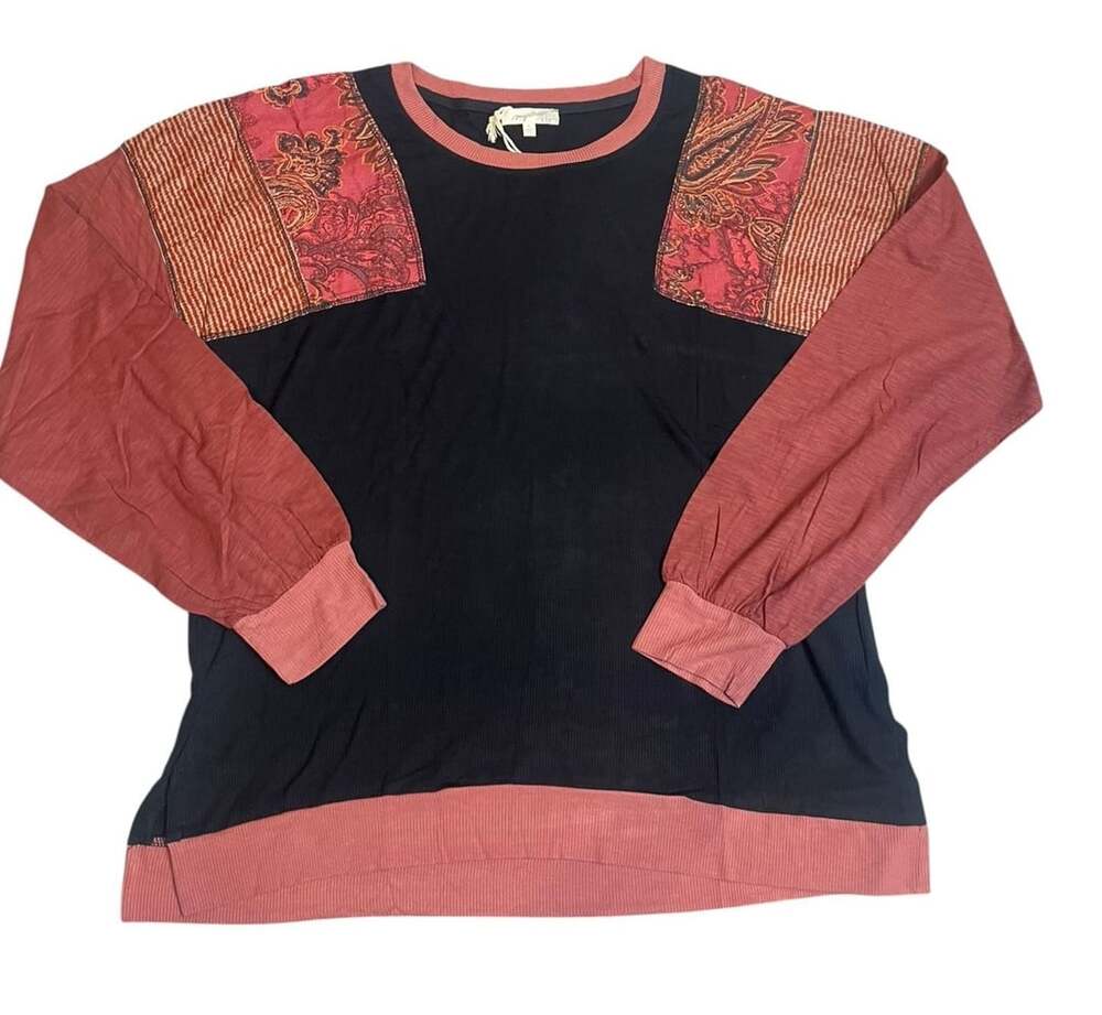 NWT Mystree Long Sleeve Top Size L Black Red Paisley Patchwork